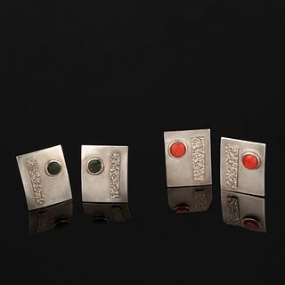 Charles Loloma, Two Pairs of Silver Clip Earrings with Tufa Cast Accents, Jade + Coral