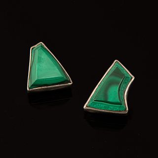 Attributed to Charles Loloma, A Pair of Silver + Malachite Buttons