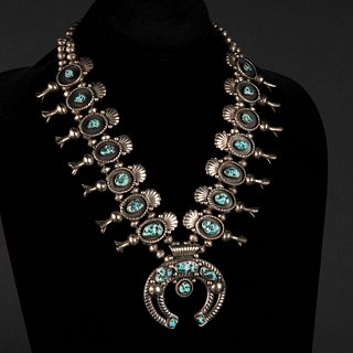Navajo Style, Silver and Turquoise Two Strand Squash Blossom Necklace, ca. 1970's