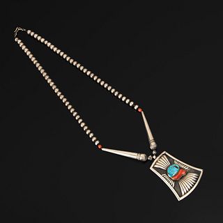 Kenneth Begay, Turquoise, Coral Inlay Silver Necklace