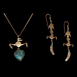 Andy Kirk, Gold and Turquoise Earrings + Pendant Set