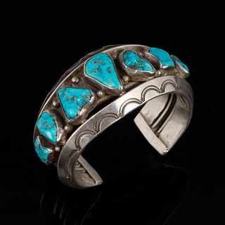 Attributed to Mark Chee, Turquoise Inlay Silver Cuff