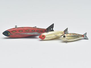 Three fish decoys, Ernie Newman, Carlton, Minnesota.