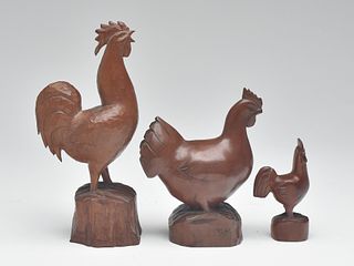 Group of three carved rooster, Sue McClure, Brasstown, North Carolina.