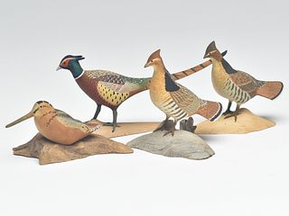 Four miniature upland game birds, Harold Gibbs, Barrington, Rhode Island.