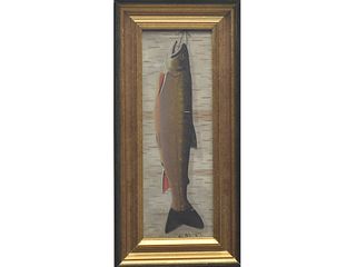Oil on board of brook trout hanging from string.