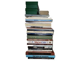 Lot of approximately 15 books, several auction catalogs, and two boxes of note cards.
