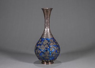 A bat and cloud patterned silver enamel vase