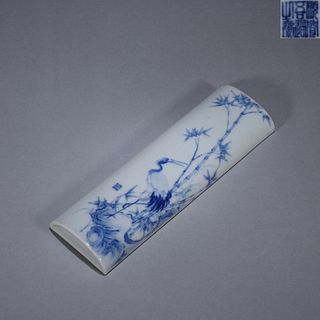 A blue and white bamboo and crane porcelain arm rest