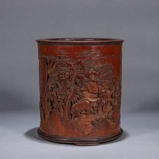 A carved  bamboo brush pot