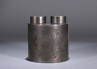A landscape and figure patterned tin pot