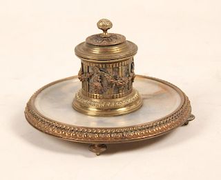 GILT BRONZE AND ONXY FOOTED FRENCH INKWELL