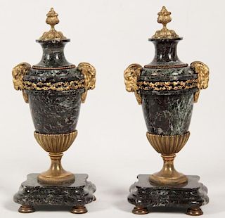 PAIR OF FRENCH VERDE MARBLE DORE BRONZE MOUNTED CASSOLETTES