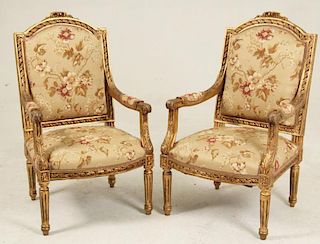 PAIR OF FRENCH LOUIS XVI STYLE CARVED GILTWOOD FAUTEUILS