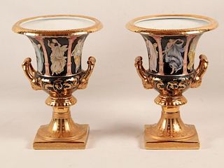 PAIR OF IMPOSING FRENCH EMPIRE STYLE DOUBLE HANDLED PORCELAIN URNS
