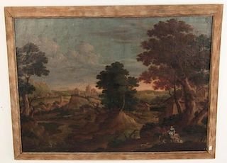 EARLY 18TH C. OIL ON CANVAS DUTCH FIGURAL LANDSCAPE PAINTING