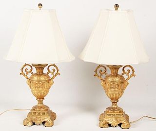 PAIR OF HIGHLY POLISHED GOLD GILT METAL URNS AS LAMPS