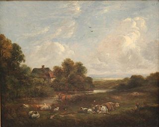 19TH C. OIL ON METAL LANDSCAPE PAINTING WITH SHEEP AND COWS