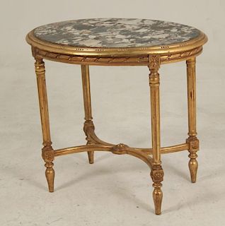 FRENCH LOUIS XVI CARVED GILTWOOD OVAL MARBLE TOP SALON TABLE