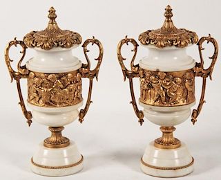PAIR OF FRENCH GILT BRONZE MOUNTED WHITE MARBLE CAPPED URNS