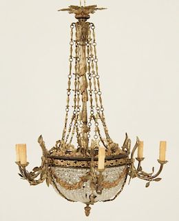 FRENCH GILT BRONZE AND CRYSTAL 6 LIGHT CHANDELIER
