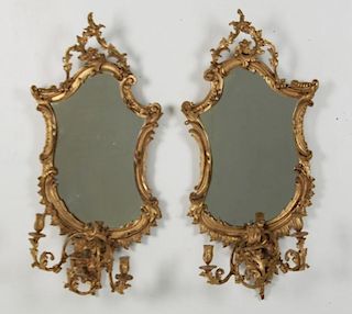 PAIR OF 19TH C. CARVED GILTWOOD ROCOCO STYLE MIRRORED SCONCE