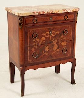 PETITE LOUIS XV STYLE MARQUETRY INLAID BRONZE MOUNTED COMMODE