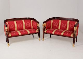 PAIR OF FRENCH REGENCY STYLE MAHOGANY BRONZE MOUNTED CANAPES