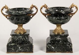 PAIR OF FRENCH VERDE GILT BRONZE MOUNTED URNS