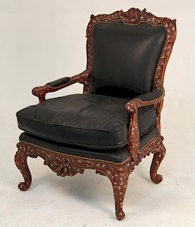GRAND LOUIS XV STYLE MAHOGANY AND PARTIAL GILTWOOD FAUTEUIL DU ROI