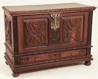 HEAVILY CARVED EUROPEAN RED ELM LIFT TOP COFER