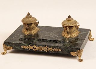FRENCH REGENCY STYLE GILT BRONZE AND MARBLE DOUBLE INKWELL