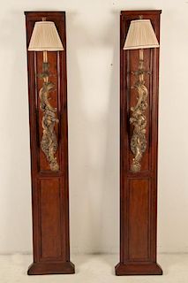 PAIR OF FRENCH LOUIS XV STYLE BRONZE SCONCES ON MAHOGANY PANELS