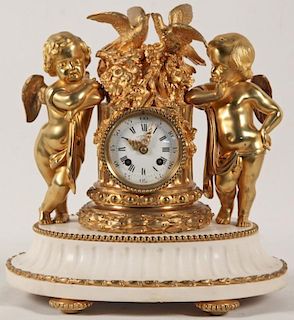 19TH C. FRENCH TWO TONE DORE BRONZE AND MARBLE CLOCK