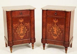 PAIR OF LATE FRENCH REGENCY STYLE MARBLE TOP NIGHT STANDS