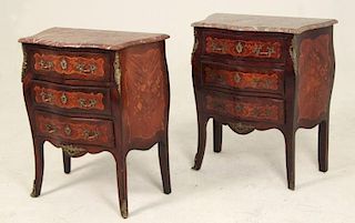 PAIR OF FRENCH LOUIS XV STYLE INLAID MARBLE TOP COMMODES