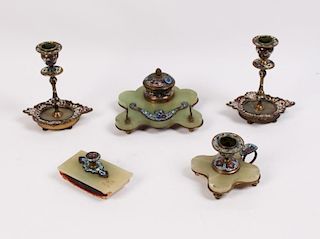 5 PIECE FRENCH CHAMPLEVE AND ONYX DESK SET