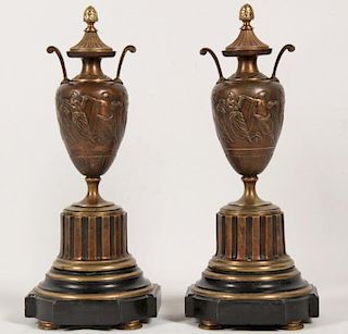 PAIR OF FRENCH TWO TONE BRONZE FIGURAL URNS