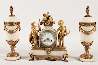 3 PIECE FRENCH DORE BRONZE AND MARBLE FIGURAL CLOCK GARNITURE