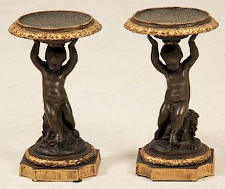 PAIR OF 19TH C. BRONZE AND GILT FRENCH TAZZAS WITH PUTTI FORMED SUPPORTS;  12"H X 7"DIA.