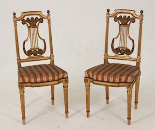 PAIR OF LOUIS XVI STYLE CARVED GILTWOOD LYRE BACK CHAIRS