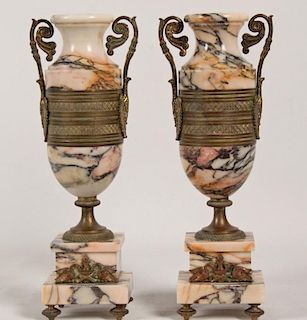 PAIR OF FRENCH RESTORATION STYLE GILT BRONZE MOUNTED MARBLE COUPS