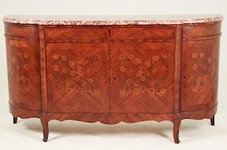 FRENCH LOUIS XV STYLE TULIPWOOD AND MAHAOGANY MARBLE TOP BUFFET