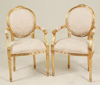 PAIR OF LOUIS XVI STYLE CARVED GOLD GILT WOOD FAUTEUILS