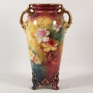 MAGNIFICENT ROYAL BONN FLORAL HAND PAINTED FOOTED VASE