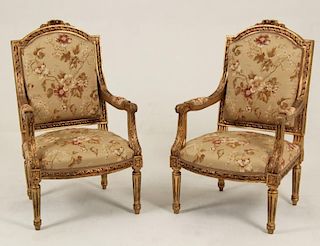 QUALITY PAIR OF FRENCH LOUIS XVI STYLE CARVED GILTWOOD FAUTEUILS
