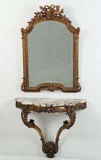 LOUIS XV GILT WOOD MARBLE TOP CONSOLE AND MIRROR