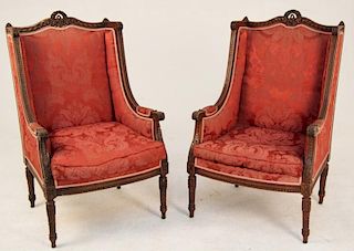 PAIR OF 19TH LOUIS XVI STYLE CARVED WALNUT BERGERES
