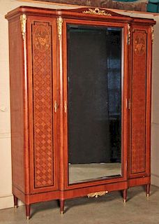 FRENCH LOUIS XVI STYLE BRONZE MOUNTED MARQUETRY INLAID ARMOIRE