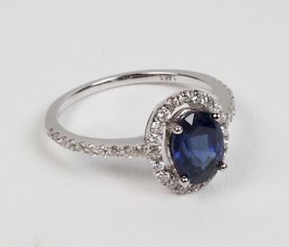14K WHITE GOLD DIAMOND AND BLUE SAPPHIRE LADY'S RING